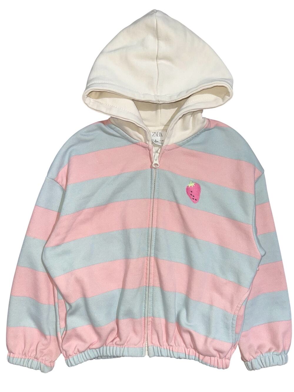 Zara Kids Girls Pastel Pink Blue Striped Embroidered Strawberry Zip Up Hoodie 5Y